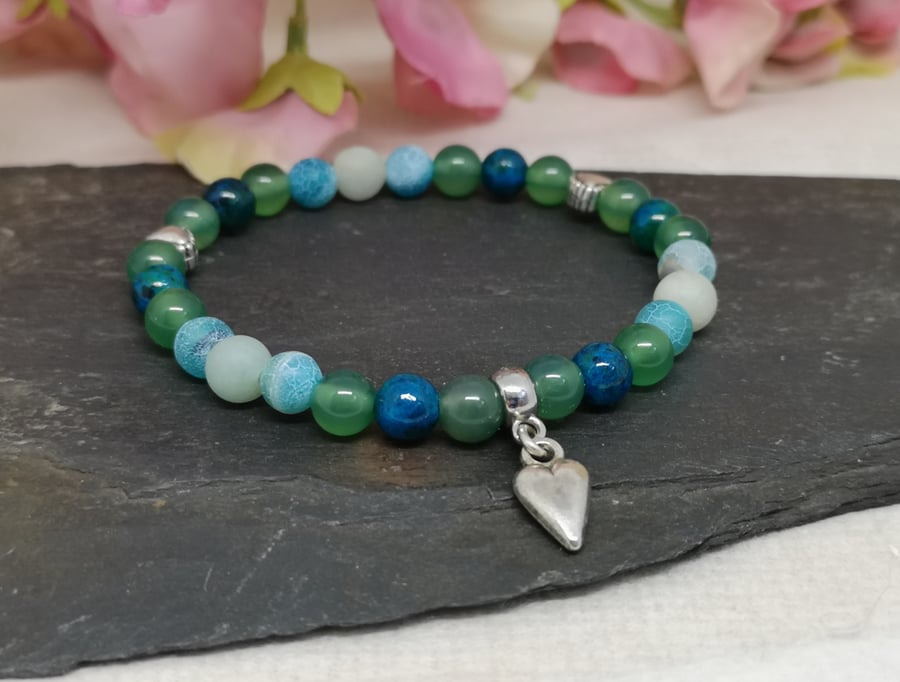 Mala bracelet with 27 blue and green agate and chrysocolla gemstones with hearts