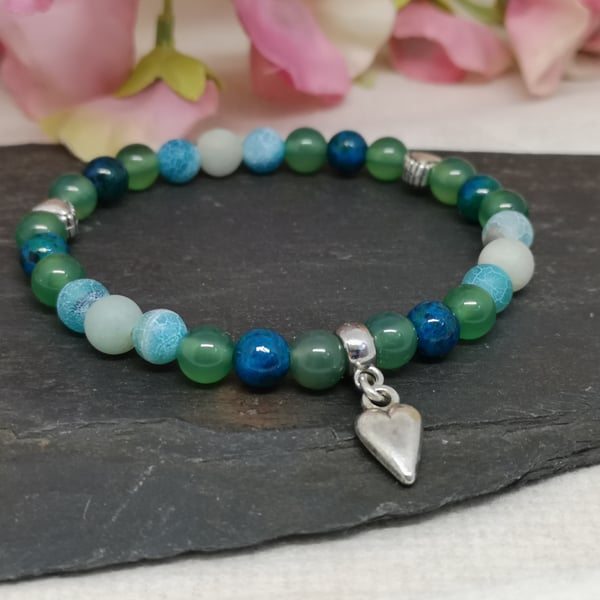 Mala bracelet with 27 blue and green agate and chrysocolla gemstones with hearts