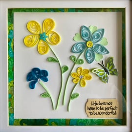 Papercut Art.  Quilled flower and butterfly framed picture. 