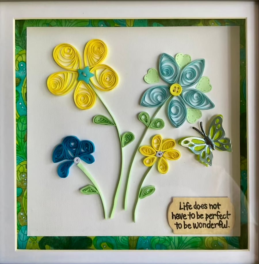 Papercut Wall Art.  Quilled flower and butterfly framed picture. Gift Idea.