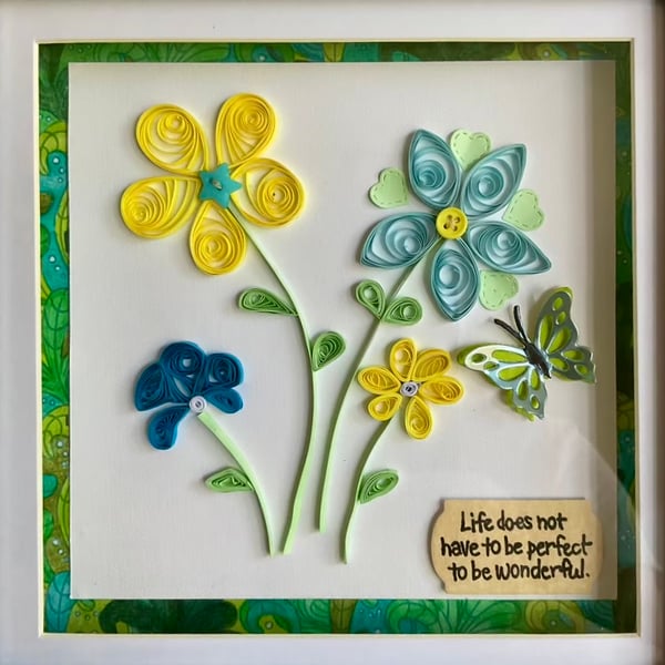 Papercut Art.  Quilled flower and butterfly framed picture. 