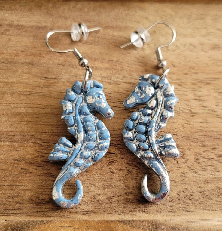 Polymer Clay Blue and Silver Seahorse Earrings, 316 Surgical Stainless Steel