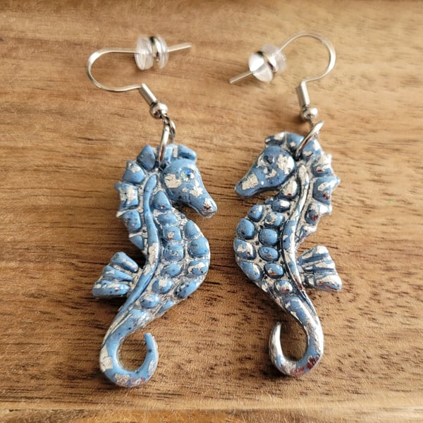 Polymer Clay Blue and Silver Seahorse Earrings, 316 Surgical Stainless Steel