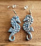 Polymer Clay Blue and Silver Seahorse Earrings, 316 Surgical Stainless Steel