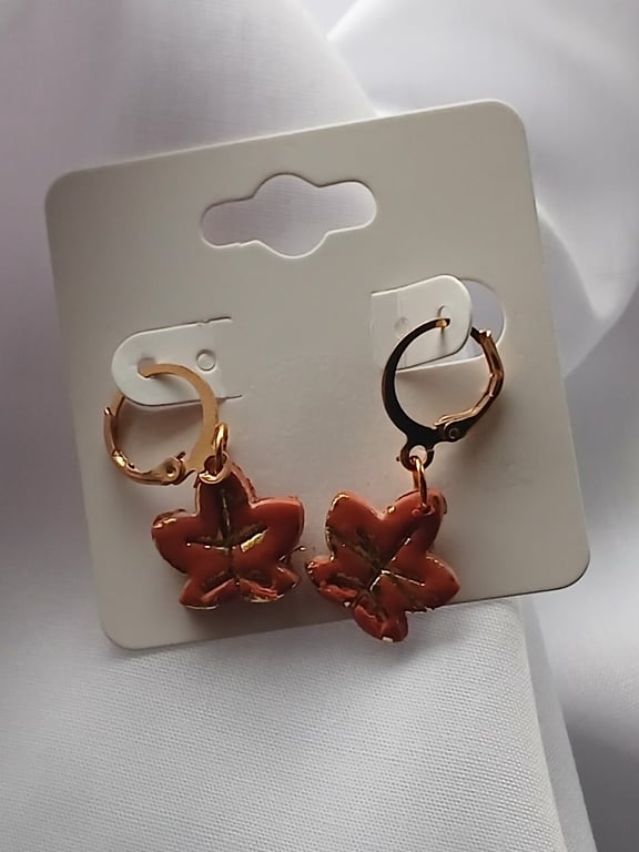 Speckled Terracotta Autumn Leaf Hoop Earrings, Hypoallergenic Huggies