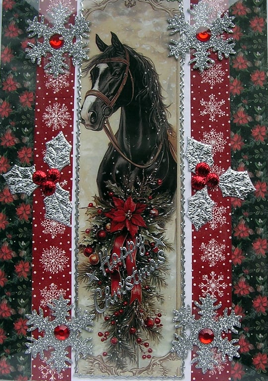 Hand Crafted Decoupage Chistmas Card - Happy Christmas (3381) - Xmas Pony Horse