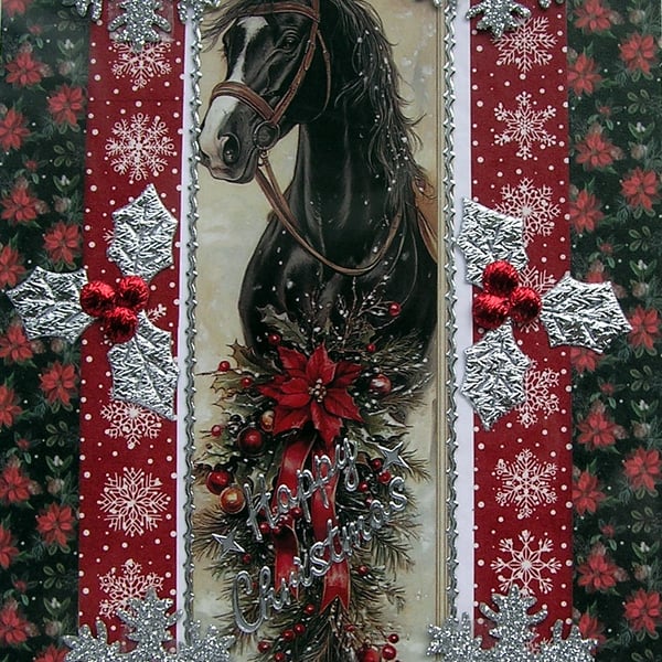 Hand Crafted Decoupage Chistmas Card - Happy Christmas (3381) - Xmas Pony Horse