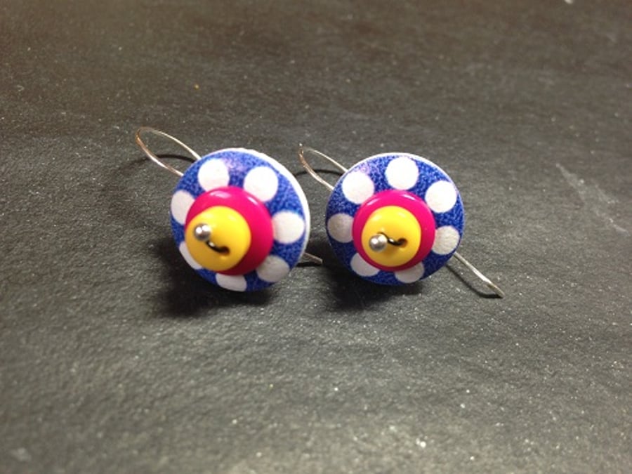 Dotty Sputnik Stacked Button Dangle Earrings: Blue, Yellow, Pink
