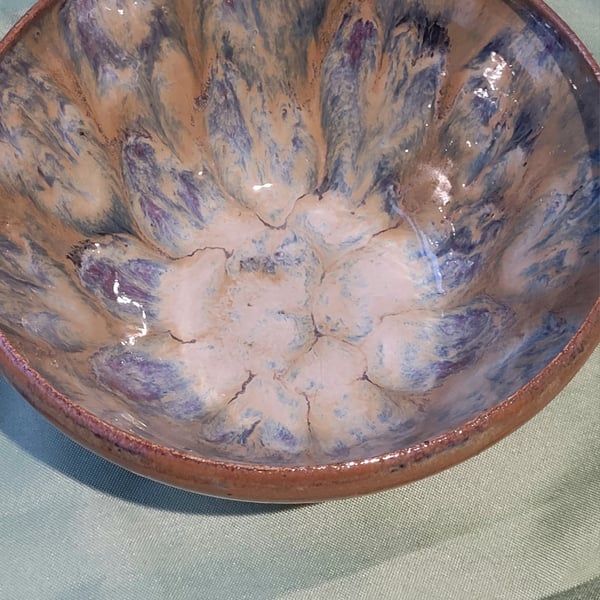 Patterned brown, blue, green, purple bowl handmade pottery