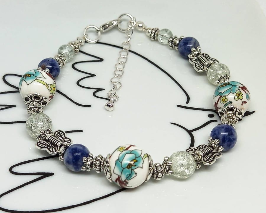 SALE - Adjustable Lapis lazuli gemstone, floral ceramic & glass beaded bracelet 