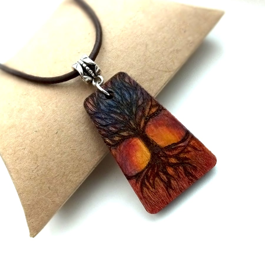 Tree at Sunset Wooden Pyrography Pendant Necklace with Prismacolour