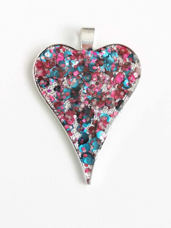 Long Resin Heart Pendant With Pink and Blue Chunky Glitter