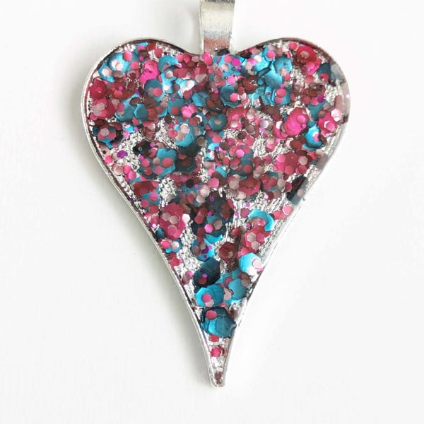 Long Resin Heart Pendant With Pink and Blue Chunky Glitter
