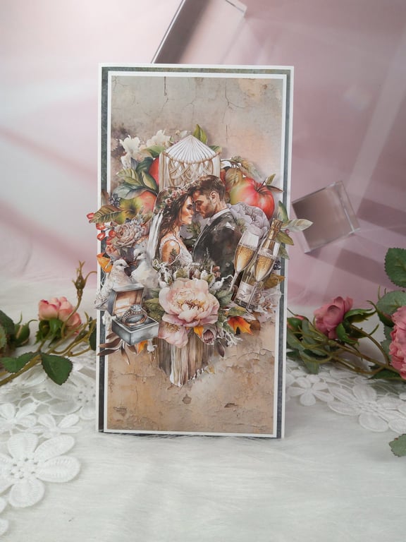 Handmade Wedding Card Vintage Style Romantic Couple (210)