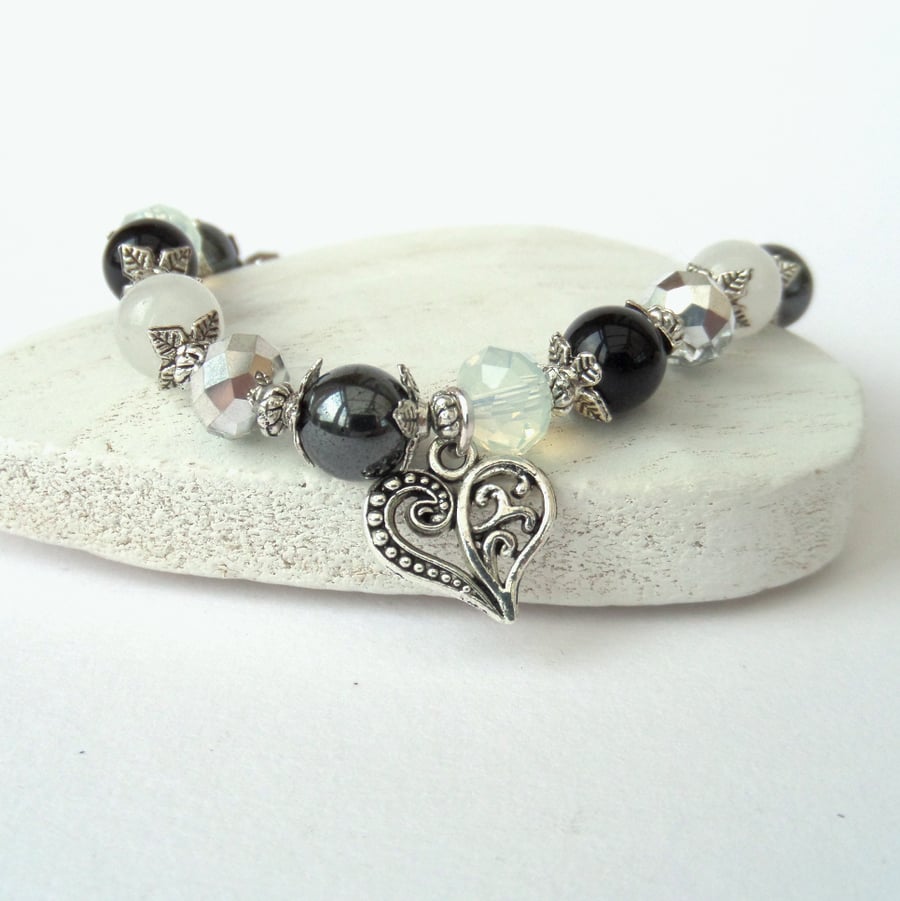Stretchy monochrome gemstone & crystal bracelet, with heart charm