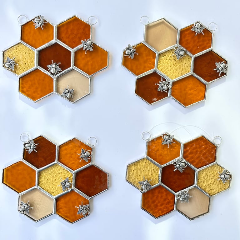 Stained Glass Honeycomb Suncatcher - Handmade Window Decoration - Amber