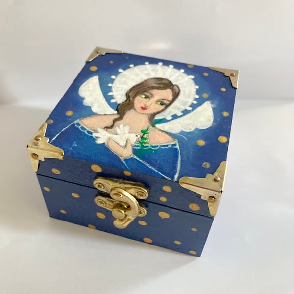 Hand Painted Trinket Box Angel Of Peace OOAK  Wooden Storage Jewellery Box