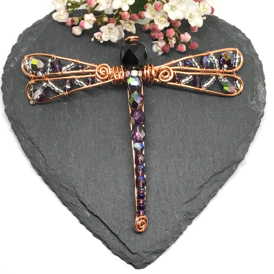 Dragonfly Brooch, Copper and Crystals