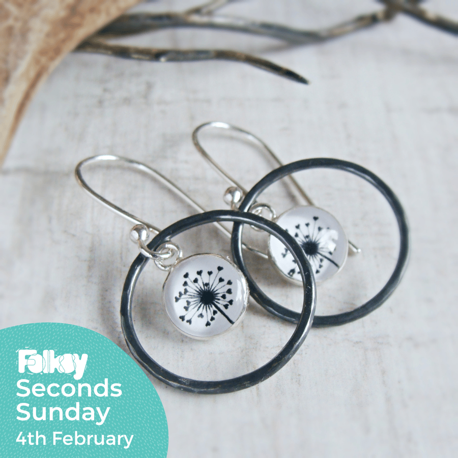 Seconds Sunday - Oxidised Silver Circle Dangly Earrings with Dandelion Charms