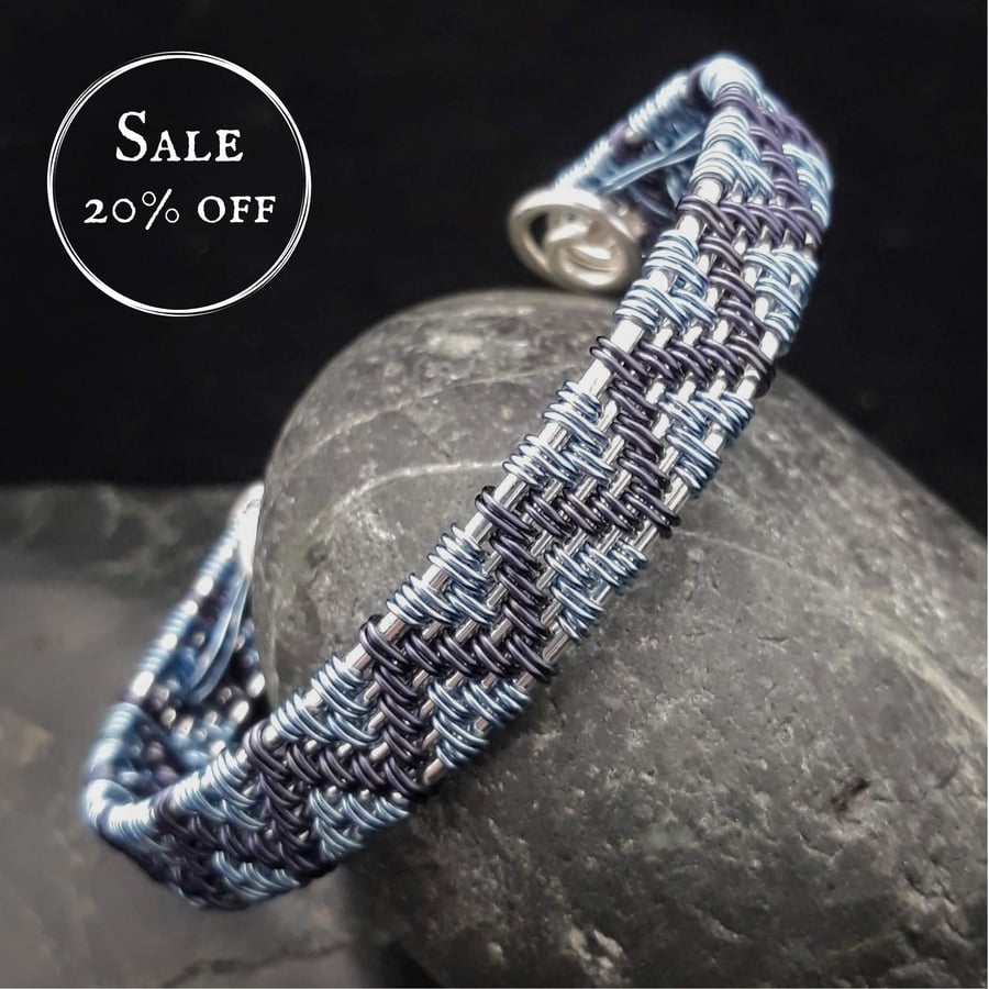 SALE - Wire Woven Zigzag Cuff Bracelet - Navy & Light Blue