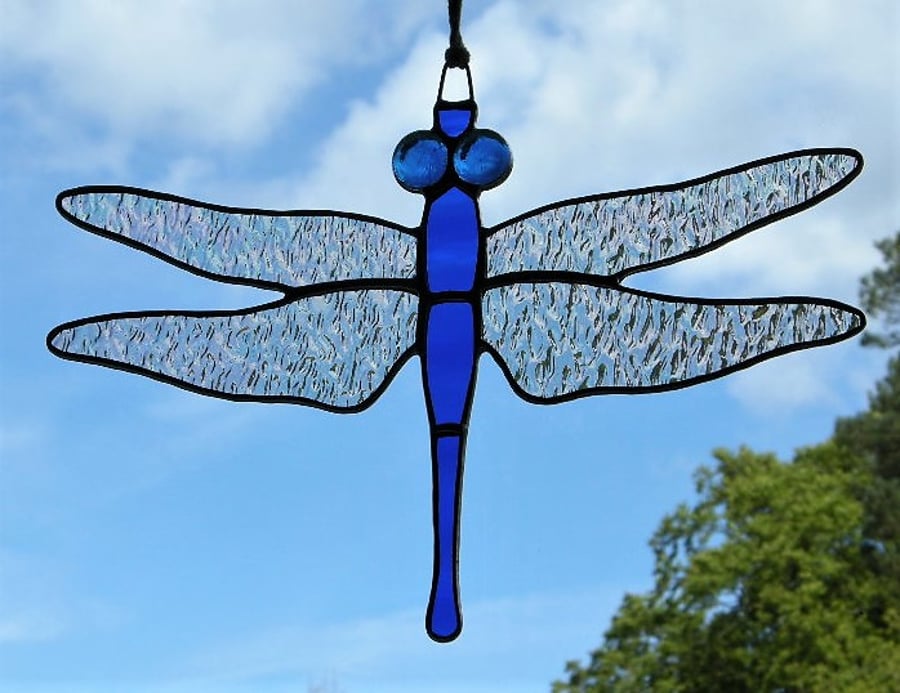 Stained glass suncatcher Dragonfly iridescent wings,cobalt blue body & blue eyes
