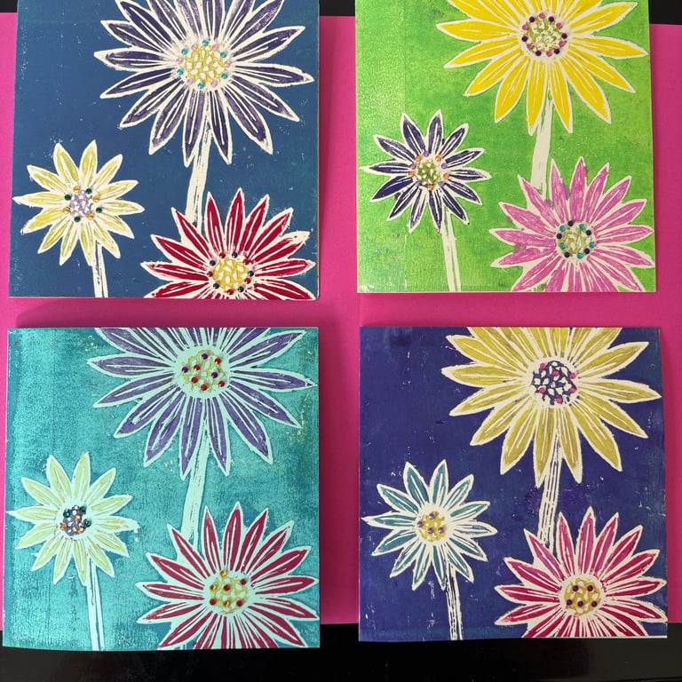 Set of 4 Colourful Daisy Linocut Cards, Gem Embellished Handmade Original Art