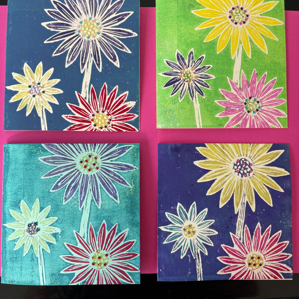 Set of 4 Colourful Daisy Linocut Cards, Gem Embellished Handmade Original Art