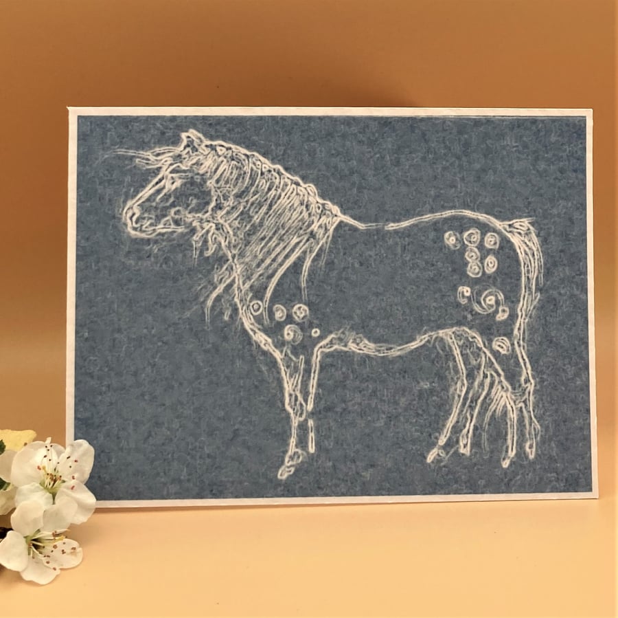 Greetings card, Welsh Pony or horse, slate blue colour, Blank. 