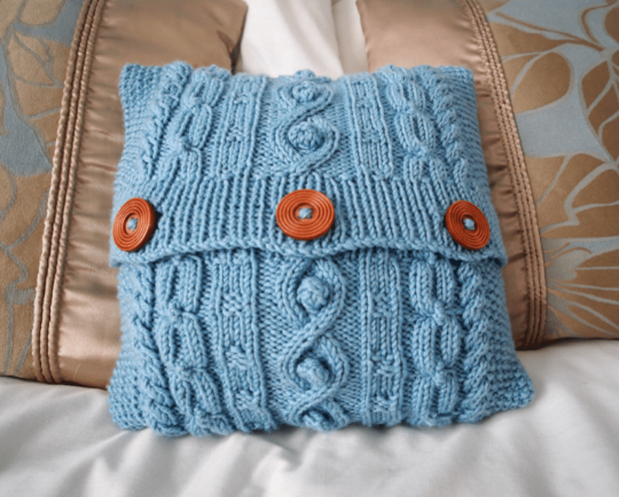 Blue hand knitted aran design mini cushion cover 9"x9"