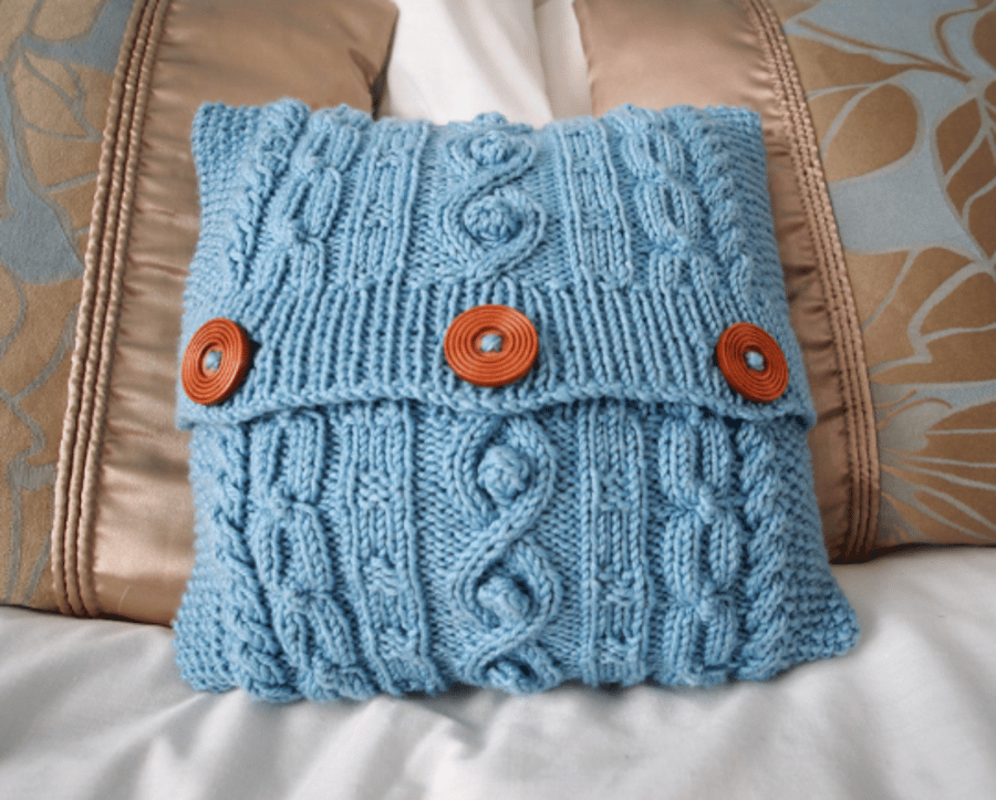 Blue hand knitted aran design mini cushion cove. Folksy