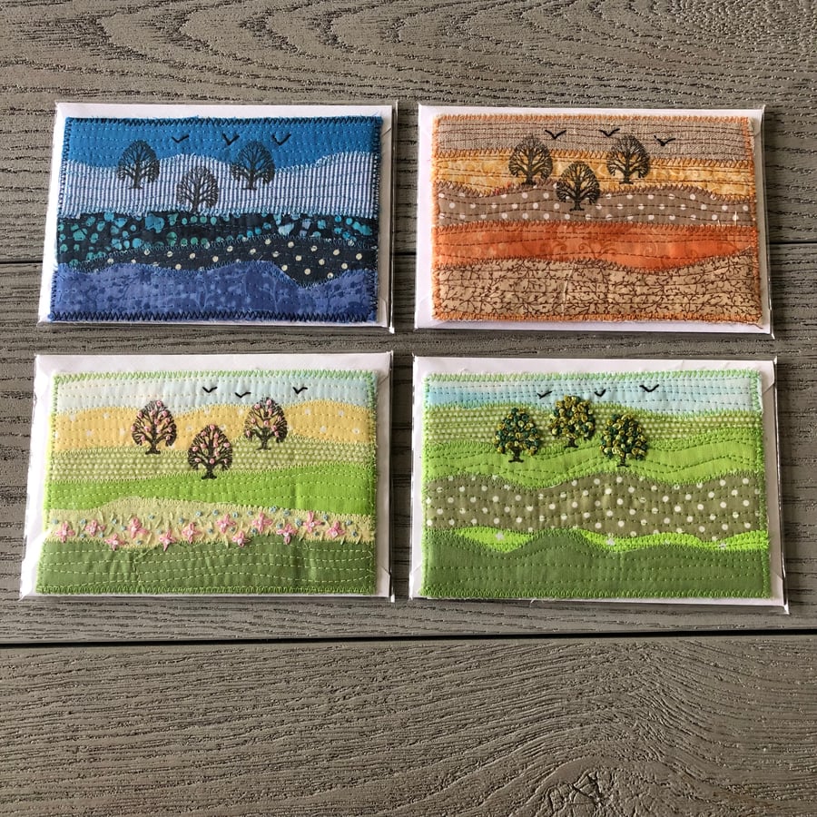 Set of 4 Seasonal Country Scene Fabric Postcards