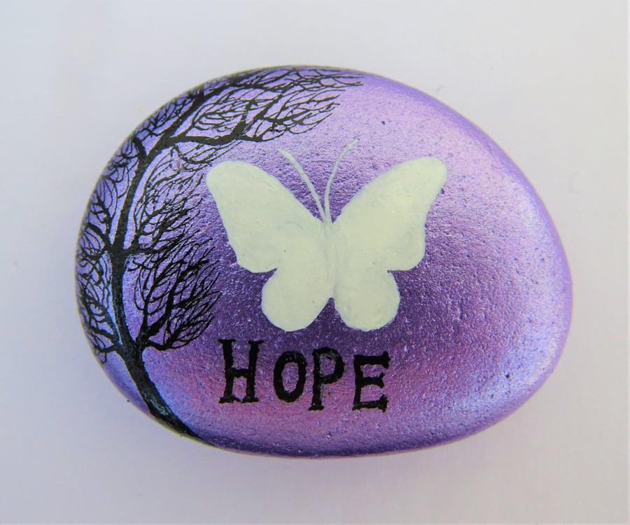 Hope Gift, Painted Pebble, Butterfly Tree Art Painting, Hand Painted Stone