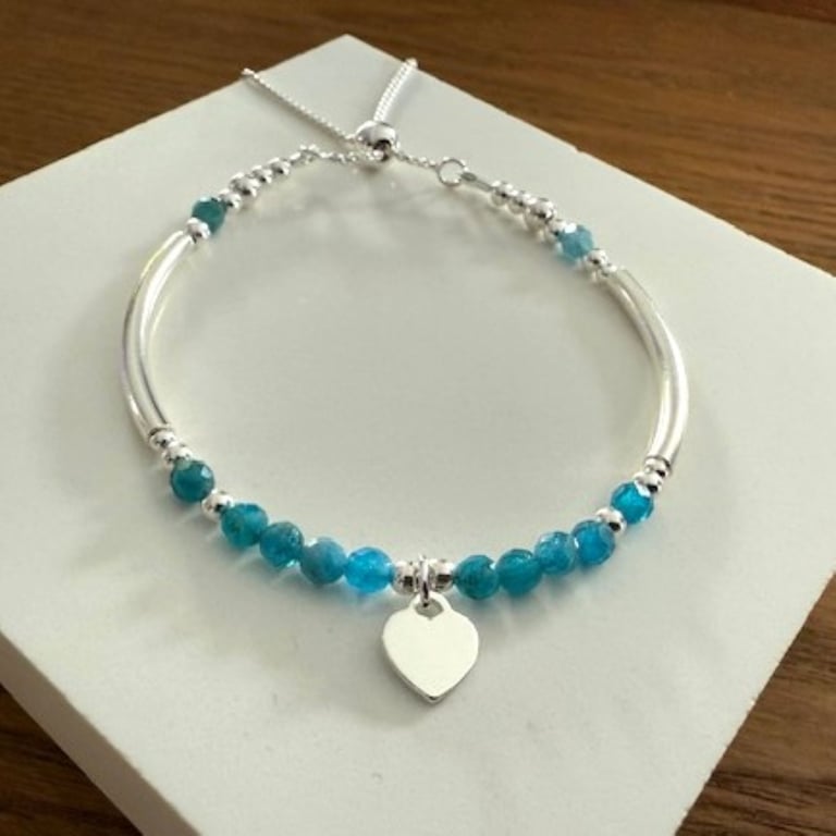 Blue Neon Apatite Gemstone Bracelet with Sterling Silver Heart Charm 