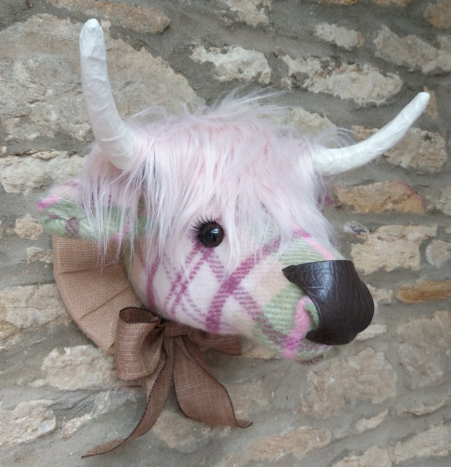 Faux taxidermy cottage check pink wool Highland Cow Coo animal head wall mount