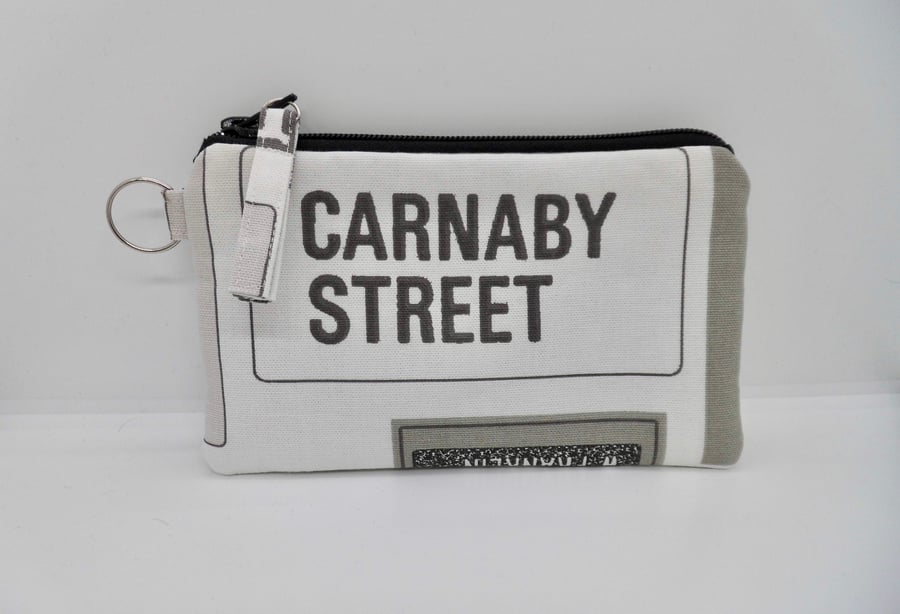 Make up bag vanity purse in retro signs print Carnaby Street black and white