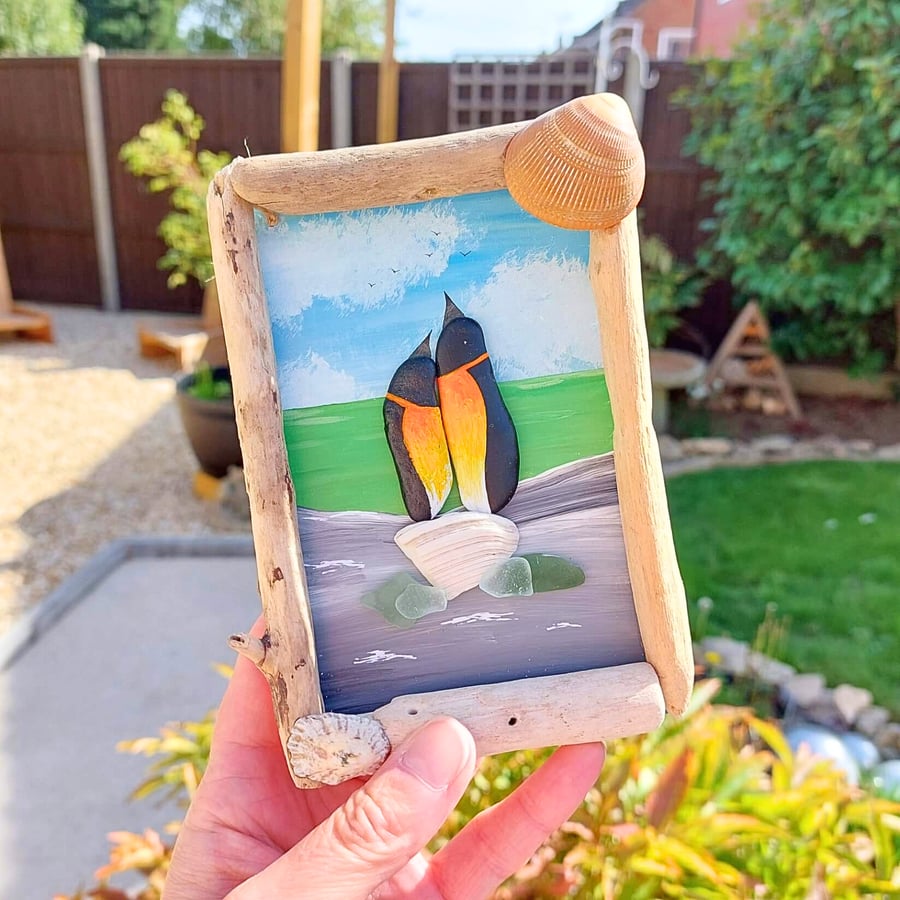 Pebble Penguins Driftwood Wall Art - Handmade Coastal Bird Art - One-of-a-Kind