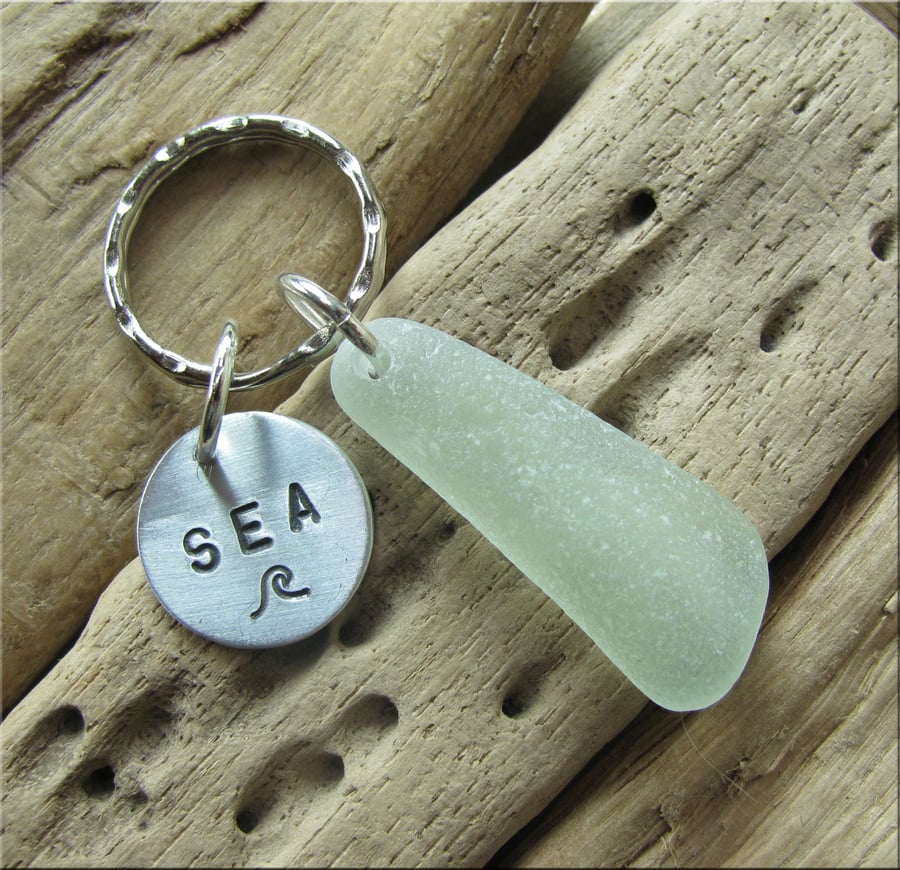 Natural sea glass, stamped keyring