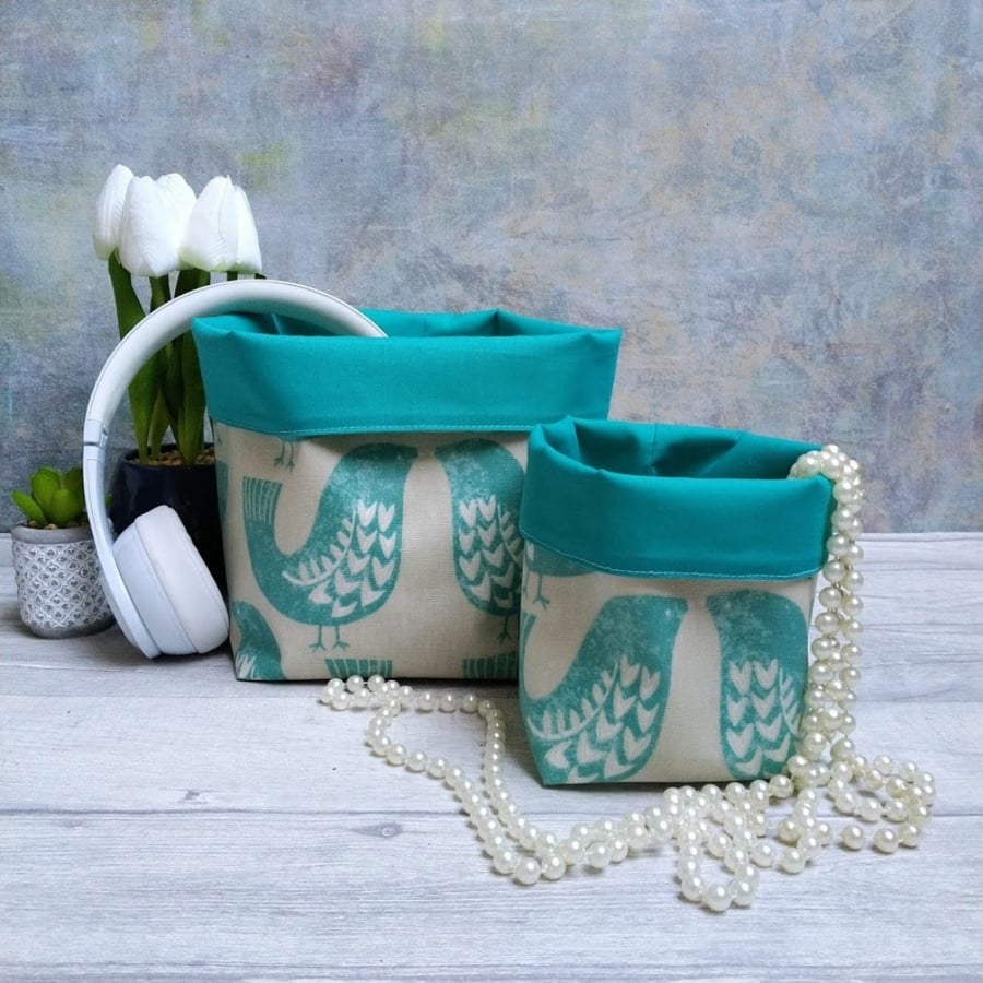 Turquoise Oilcloth Scandi Birds Storage Baskets