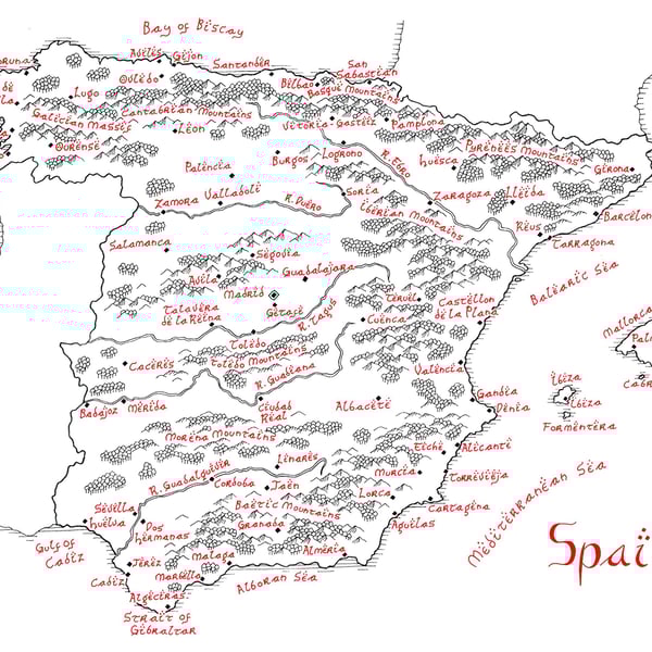 Map of Spain Hand Drawn Tolkien Style Map Artwork