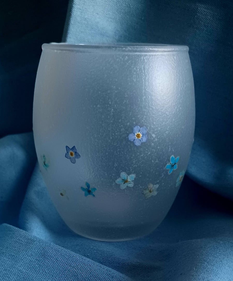 Frosted Tealight Candle Holder with Natural Dried Pressed Flowers