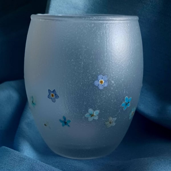 Frosted Tealight Candle Holder with Natural Dried Pressed Flowers