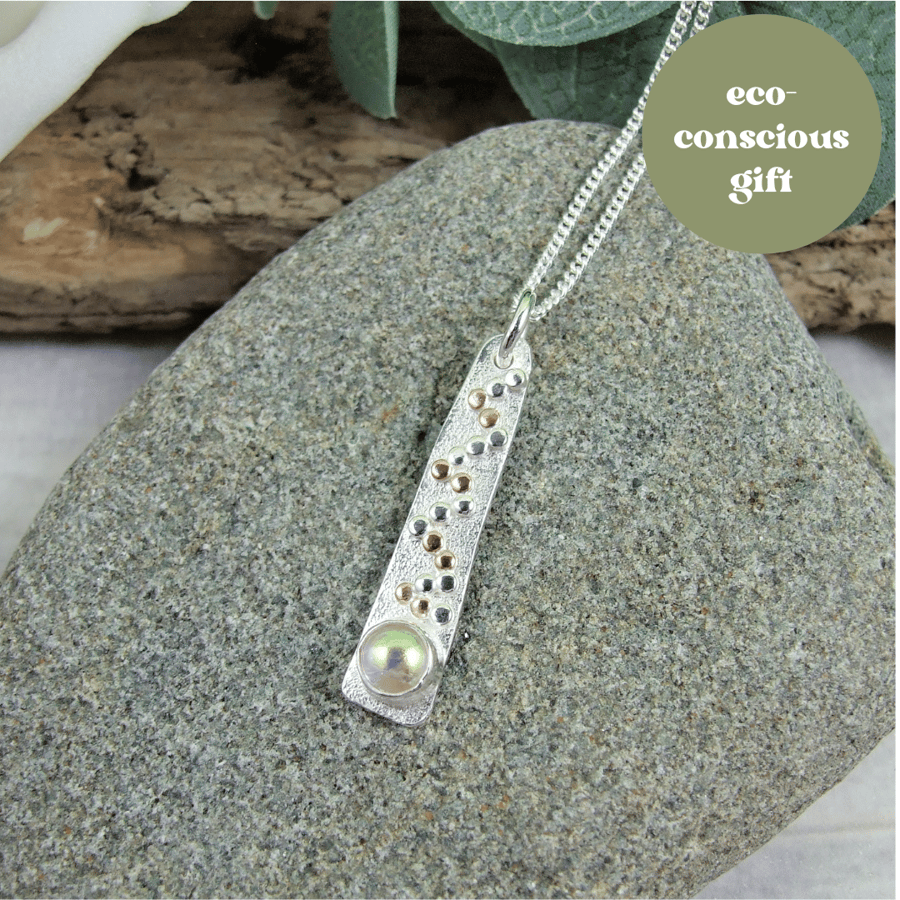 Dichroic Glass Necklace. Sterling Silver Tapered Pendant with Copper Accents