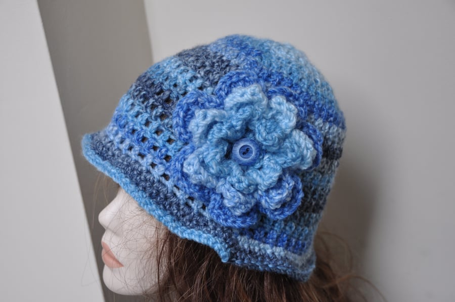 Hand Crocheted 1920s Flapper Hat Beanie Blue With Large Crochet Flower Free Post