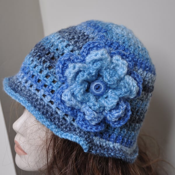 Hand Crocheted 1920s Flapper Hat Beanie Blue With Large Crochet Flower