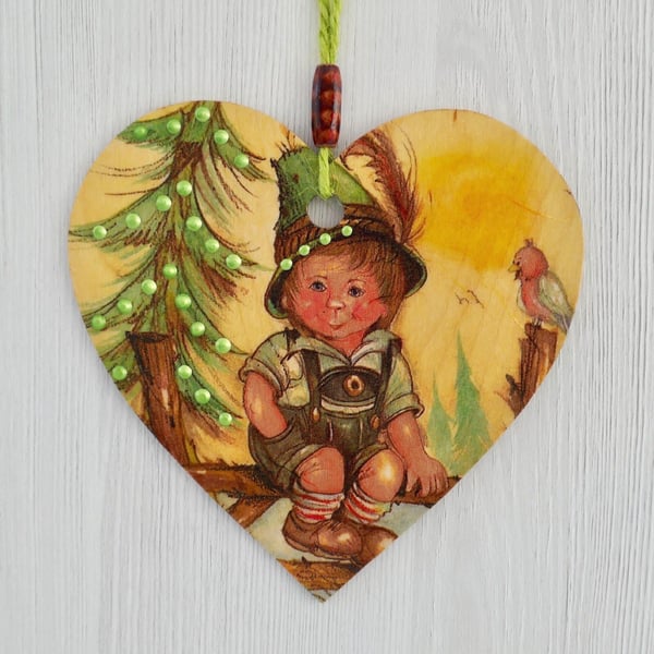 Decoupaged Wooden Hanging Heart 15cm (6”): Tyrollean Boy design