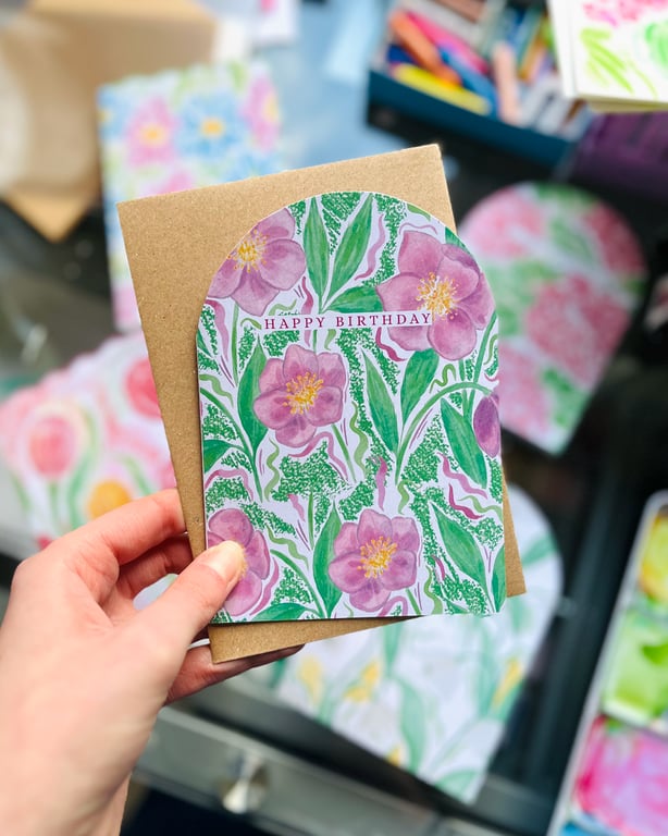 Pink Floral Hellebore Happy Birthday Card, Eco Friendly Bday Cards