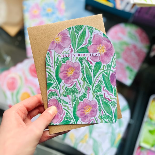 Pink Floral Hellebore Happy Birthday Card, Eco Friendly Bday Cards