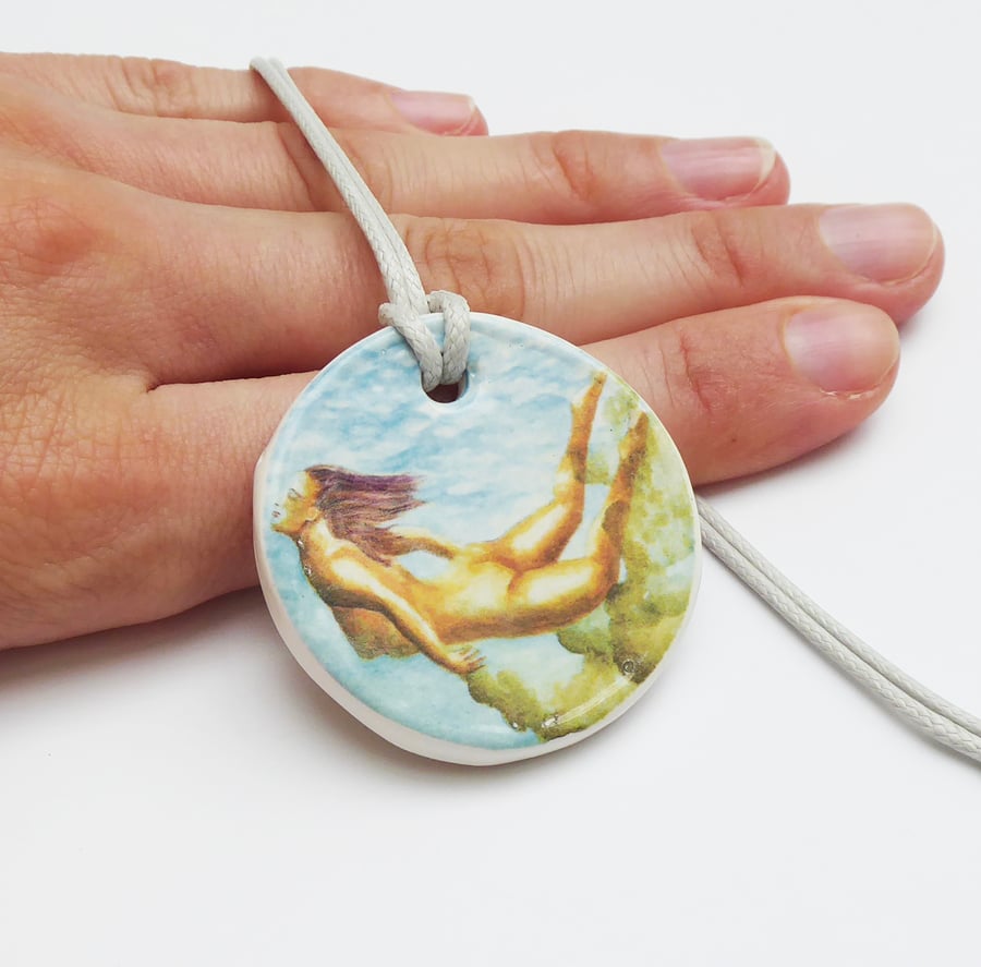 Handmade Water Nymph Ceramic Pendant on Light Grey Cord Necklace