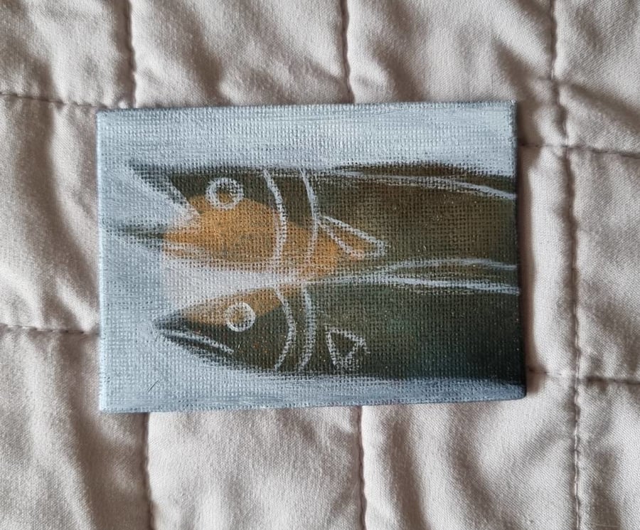 Twice Fish Original Oil Paint ACEO 2.5"x3.5" canvas panel by David Nicol Art