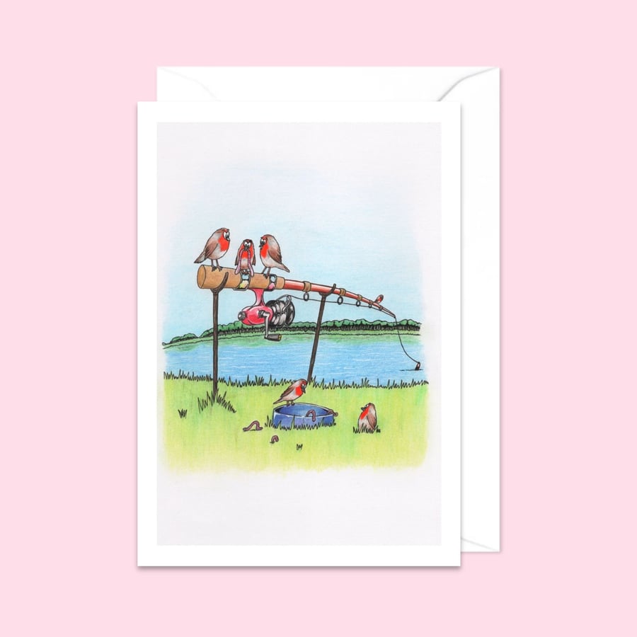 River Bank Greeting Card: Robins on a Fishing Rod Pencil Illustration (212)